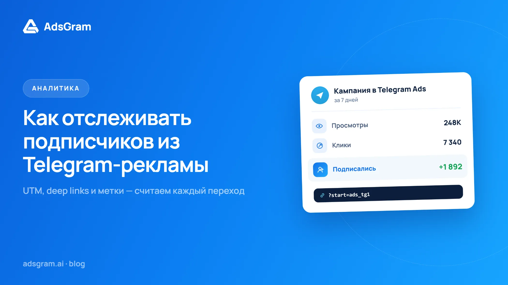 Синий графический баннер AdsGram о том, как отслеживать подписчиков из Telegram-рекламы с помощью deep links, UTM-меток и start-параметров.