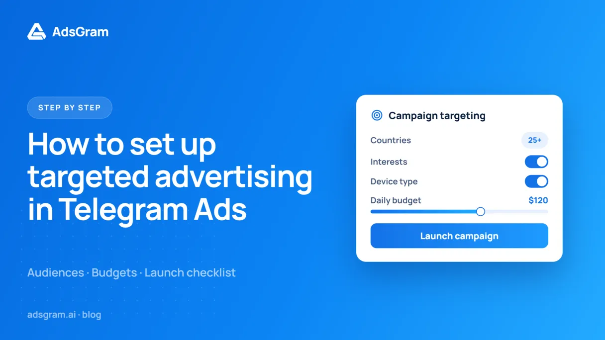 A graphic highlighting how to set up targeted advertising in Telegram Ads, featuring a campaign-targeting panel with countries, interests and a daily budget.