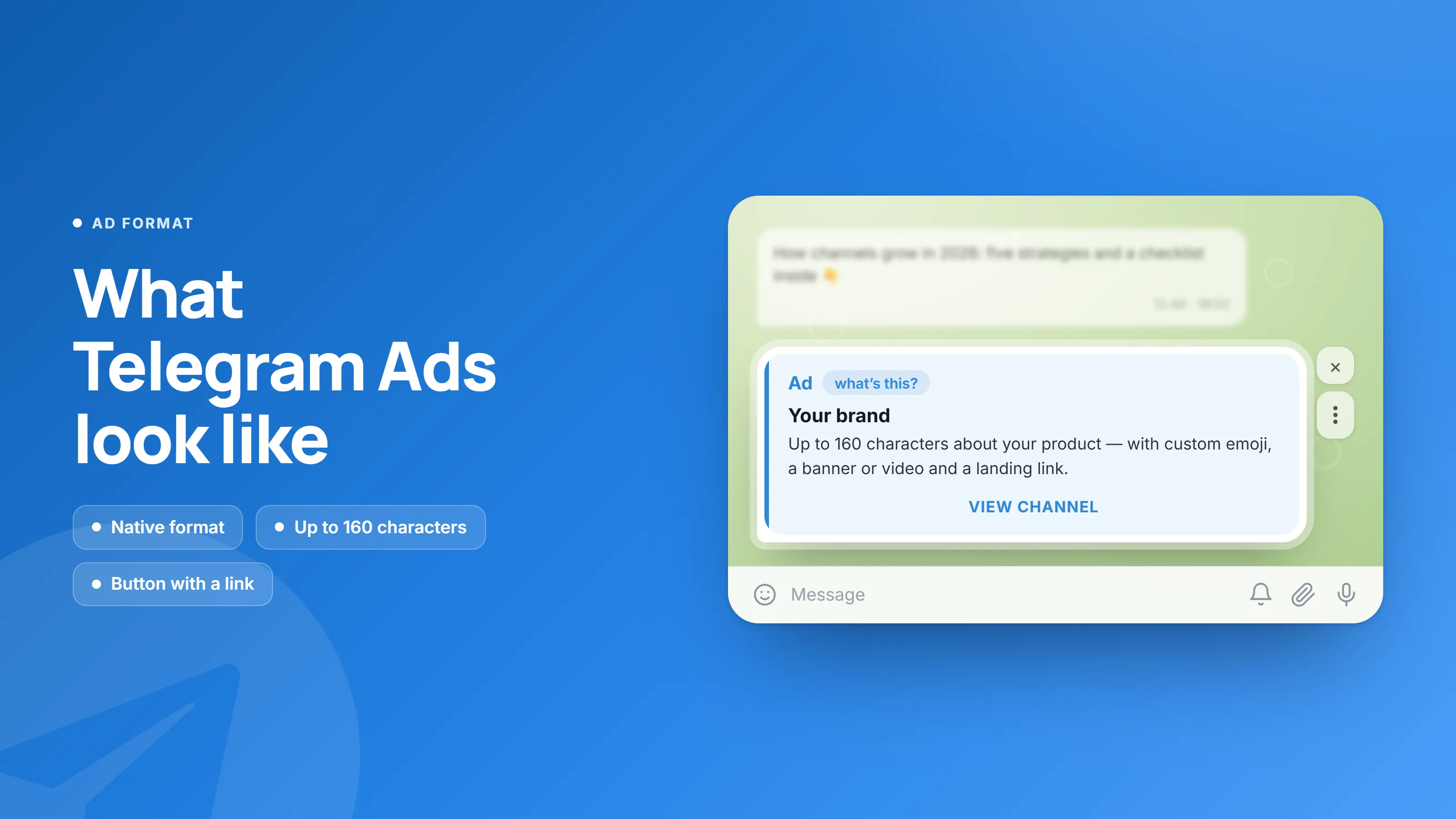 AdsGram graphic showing a Telegram Ads example in a chat interface, with a native ad containing up to 160 characters, a brand message, a media element, and a “View Channel” button.