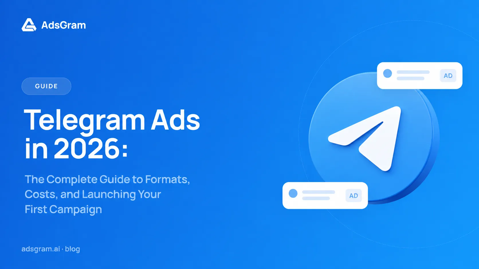 Visual showing the headline Telegram Ads in 2026: The Complete Guide to Formats, Costs, and Launching Your First Campaign and AdsGram logo.
