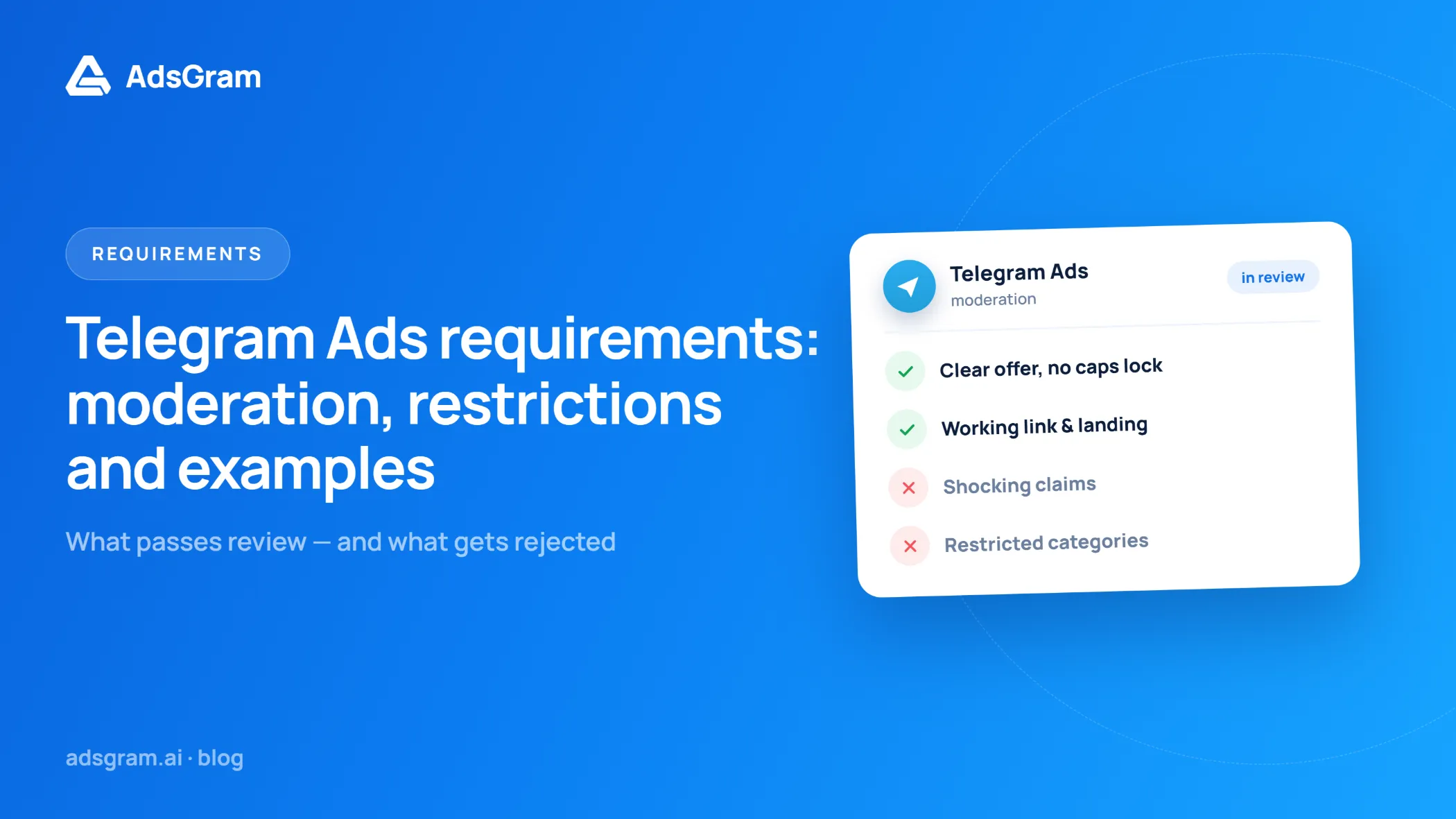 AdsGram graphic with the Telegram Ads logo and a moderation checklist showing approved and rejected ad requirements, including a clear offer, working link and landing page, shocking claims, and restricted categories.